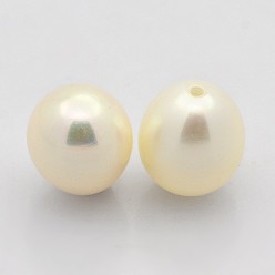Beige Natural Cultured Freshwater Pearl Beads, Half Drilled, Rice, Grade AAA, Beige, 7~8mm, Hole: 1mm