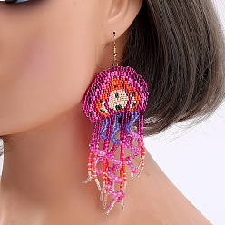 Ярко-Розовый Серьги-подвески из стеклянных бусин в богемном стиле, медуза, ярко-розовый, 55x12 мм