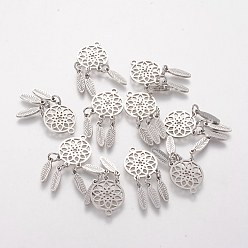 Stainless Steel Color Non-Tarnish 304 Stainless Steel Pendants, Woven Net/Web with Feather, Stainless Steel Color, 31x14x1mm, Hole: 1.5mm