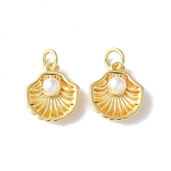 Shell Shape Латунные подвески, океанские темы, с искусственным жемчугом, долговечный, без кадмия и без свинца, стойки покрытие, реальный 18 k позолоченный, с целью перехода в кольце, формы раковины, 13.5x11.5x4.5 мм, отверстие : 3.5 мм