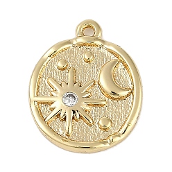 Настоящее золото 18K Латунные микро проложить кубического циркония подвески, без кадмия, без никеля и без свинца, плоские круглые с солнцем и луной, реальный 18 k позолоченный, 17x13.5x2 мм, отверстие : 1.2 мм