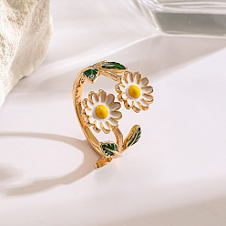 Antique White Alloy Enamel Cuff Open Rings, Flower, Golden, Antique White, 15~20mm