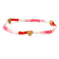 Красный Набор браслетов из стеклянного бисера и латуни., составные браслеты для женщин, сердце, красные, 6.89 дюйм (17.5 см)