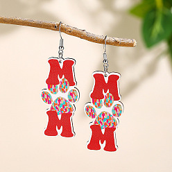 Красный Деревянные серьги-подвески ко Дню матери, Письмо с бантом, платина, красные, 76x27 мм
