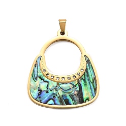 Настоящее золото 18K В форме сумки 304 подвески из нержавеющей стали, стразов и ракушек пауа, ионное покрытие (ip), реальный 18 k позолоченный, 42.5x35.5x2.5 мм, отверстие : 7x3.5 мм