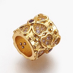 Real 18K Gold Plated Brass Micro Pave Cubic Zirconia Beads, Large Hole Beads, Long-Lasting Plated, Column with Clover, Lead Free & Nickel Free & Cadmium Free, Clear, Real 18K Gold Plated, 9x8mm, Hole: 5.5mm