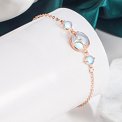 Розовое Золото Плоские круглые браслеты из латуни с натуральным лунным камнем в форме рогов, розовое золото , 6-3/4 дюйм (17 см)