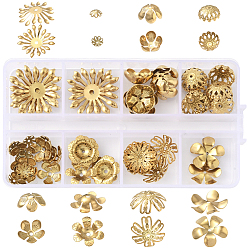 Настоящее золото 18K 64 шт. 8 стили 304 колпачки из нержавеющей стали, цветок, реальный 18 k позолоченный, 7~21.5x11.5~21.5x2.5~3.5 мм, отверстие : 1.2~2 мм, 8 шт / стиль