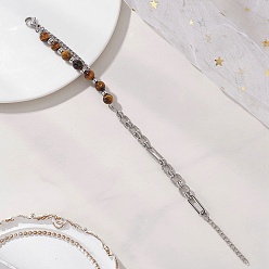 Тигровый глаз Браслеты из круглых бусин из натурального тигрового глаза, 304 Браслеты из нержавеющей стали с панцирным плетением и звеньями Cahin для женщин, 6.81 дюйм (17.3 см)