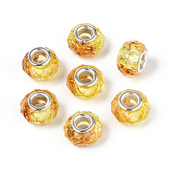Желтый Прозрачные европейские бусины-рондель из смолы, с золотой фольгой и латунными двойными сердечниками серебристого тона, бусины с большим отверстием, желтые, 13.5~14x8.5~9 мм, отверстие : 4.8~5 мм