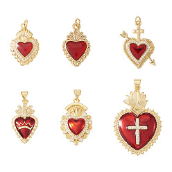 Golden 6Pcs 6 Styles Brass Micro Pave Cubic Zirconia Pendants, Sacred Heart, with Enamel, Rack Plating, Lead Free & Cadmium Free, Long-Lasting Plated, Golden, 24.5~41.5x16~29x3~4mm, Hole: 3.5mm, 1pc/style