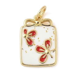 Красный Латунь эмаль подвески, прямоугольник с цветочной подвеской, с целью перехода в кольце, без свинца и без кадмия, долговечный, стойки покрытие, реальный 18 k позолоченный, красные, 16x11x2 мм, отверстие : 3.4 мм