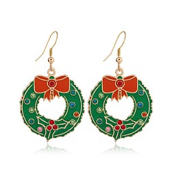 Christmas Wreath Серьги-подвески из сплава и пластика с рождественской тематикой, с эмалью, золотые, Рождественский венок, 52x30 мм