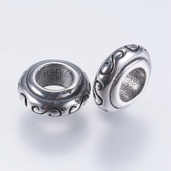 Antique Silver 304 Stainless Steel European Beads, Large Hole Beads, Rondelle with Floral Pattern, Antique Silver, 9x3.5mm, Hole: 4mm