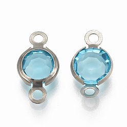 Светло-Голубой 304 соединительные звенья нержавеющие, со стеклом, плоско-круглые, цвет нержавеющей стали, Небесно-голубой, 15x8.5x4 мм, отверстие : 1.5 мм