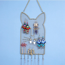 Golden Iron Grid Shape Wall Mount Earring Display, Hanging Jewelry Organizer, for Earrings & Necklaces & Bracelets, Cat Shapes, Golden, 45.7cm, Cat: about 29.9x17.5x0.4cm