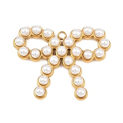 Настоящее золото 18K 304 подвески из нержавеющей стали, подвески-бантики с имитацией жемчуга из АБС-пластика, ионное покрытие (ip), белые, реальный 18 k позолоченный, 25x31.5x4.5 мм, отверстие : 2 мм