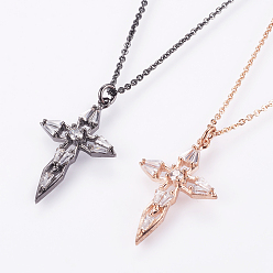 Mixed Color Brass Micro Pave Cubic Zirconia Pendant Necklaces, with Brass Cable Chains, Cross, Mixed Color, 17.7 inch(45cm)