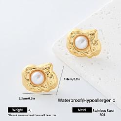 Nuggets 304 Stainless Steel Stud Earrings for Women, with Imitation Pearl, Golden, Nuggets, 23x18mm