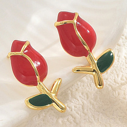 Red 201 Stainless Steel Enamel Stud Earrings for Women, Tulip Flower, Golden, Red, 21x11mm