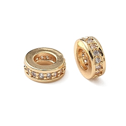 Настоящее золото 18K Латунные микро проложить кубического циркония бусы, плоско-круглые, реальный 18 k позолоченный, 7.5x2.5 мм, отверстие : 3.5 мм