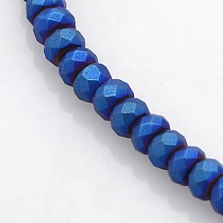 Blue Plated Electroplate Non-magnetic Synthetic Hematite Beads Strands, Faceted Rondelle, Frosted, Blue Plated, 3x2mm, Hole: 1mm, about 214pcs/strand, 15.7 inch