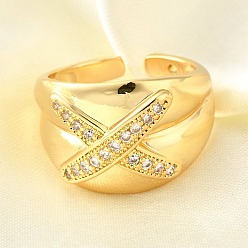 Настоящее золото 18K Латунные микропаве кубические цирконии регулируемые открытые манжеты кольца для женщин, без кадмия, без никеля и без свинца, Письмо X, реальный 18 k позолоченный, 15 мм, внутренний диаметр: регулируемый