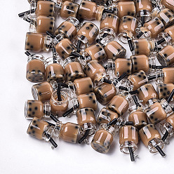 Сиена Стеклянные подвески для бутылок, со смолой внутри и железными находками, имитация пузырчатого чая, цвет охры, 20~25x11~14x11 мм, отверстие : 1.8 мм