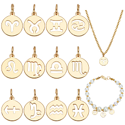 Настоящее золото 14K 12 шт. 12 стили плоские круглые с двенадцатью созвездиями латунные подвески, с прыжковых колец, реальный 14 k позолоченный, 12 мм, 1 шт / стиль