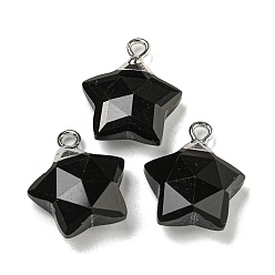 Обсидиан Природные подвески обсидиана, с реечной обшивкой латунными выводами, звезда, 18x15x6 мм, отверстие : 2 мм