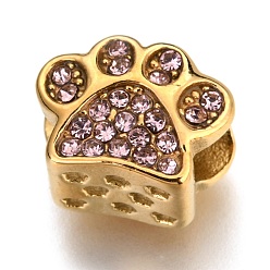 Розовый Ионное покрытие (ip) 304 европейские бусины из нержавеющей стали, бусины с большим отверстием, со стразами, след, золотые, светло-розовый, 9x11x7.5 мм, отверстие : 4 мм