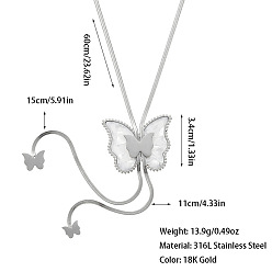 Бабочка Богемный стиль 304 лариаты из нержавеющей стали с акрилом для женщин, белые, цвет нержавеющей стали, бабочка, 23.62 дюйм (60 см), Кулон : 34 мм