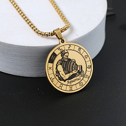 Водолей Плоские круглые с созвездием 201 ожерелья из нержавеющей стали с подвеской, золотые, Водолей, 23.62 дюйм (60 см)