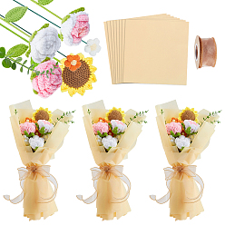 Mixed Color Handmade Crochet Yarn & Polyester Flower Ornaments  with Plastic Artificial Eucalyptus Leaf & Gift Wrapping Paper, Polyester Organza Ribbons, Mixed Color, 450x110x46mm