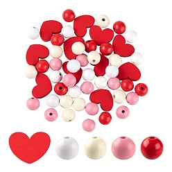 Mixed Color 130Pcs 5 Style Red Series Painted Natural Wood Beads, Heart & Round, Mixed Color, 130pcs/bag