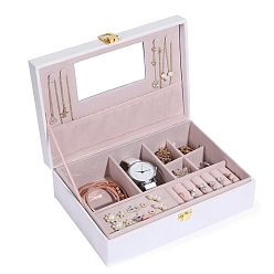 Белый Прямоугольная шкатулка для хранения ювелирных изделий из искусственной кожи с зеркалом внутри, дорожный портативный футляр для ювелирных изделий, для ожерелья, Кольца, серьги и подвески, белые, 22x16x7.5 см