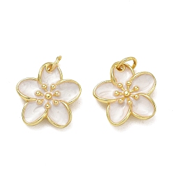 Golden Brass Enamel Pendants, Flower Charms, Rack Plating, Long-Lasting Plated, Cadmium Free & Lead Free, Golden, 15.5x15.5x3.7mm, Hole: 3mm