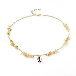 Цитрин Бисера ожерелья, с натуральными чипсами цитрина, Бисер из стекла , Подвески из панциря каури и латунные застежки из когтей лобстера, 17.83 дюйм (45.3 см)