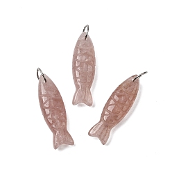 Клубничный Кварц Резные подвески из натурального клубничного кварца, рыбы прелести, с 304 кольцами из нержавеющей стали, цвет нержавеющей стали, 33.5~34.5x10.5x7~7.5 мм, отверстие : 7 мм