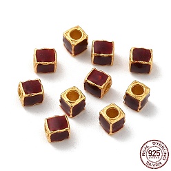 Rouge Foncé Couleur or mat 925 perles en argent sterling, avec l'émail, carrée, rouge foncé, 3x2.5x2.5mm, Trou: 1.4mm