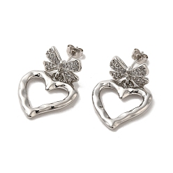 Platinum Brass Micro Pave Cubic Zirconia Dangle Stud Earrings, Bowknot & Heart, Lead Free & Cadmium Free, Long-Lasting Plated, Platinum, 28x19mm