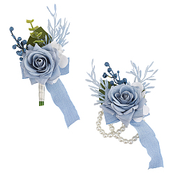 Светлый Стально-синий 2 шт. 2 стили шелковая ткань имитация розы корсаж на запястье, с абс пластмассовыми жемчужными бисером, ручной цветок для невесты или подружки невесты, свадьба, партийные украшения, светло-стальной синий, 87~120x80~87x10~50 мм, внутренний диаметр: 48 мм, 1 шт / стиль