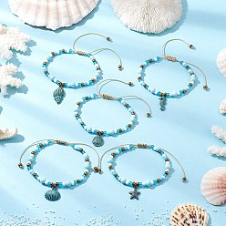 Mixed Shapes 5Pcs Alloy Charm Bracelets, Glass Seed Bead Braided Bead Bracelets for Women, Mixed Shapes, Inner Diameter: 2-1/8~3-1/2 inch(5.4~9.05cm)