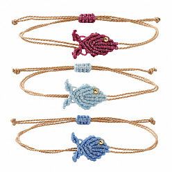 Mixed Color Ocean Adjustable Braided Wax Cord Fish Link Bracelet Sets with Brass Beads for Women, Adjustable Stackable Bracelets, Golden, Mixed Color, 11.02 inch(28cm), 3pcs/set