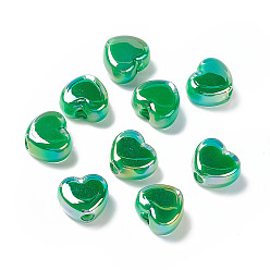 Sea Green UV Plating Rainbow Iridescent Acrylic Beads, Two Tone, Heart, Sea Green, 13x15x8mm, Hole: 3.6mm