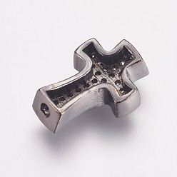 Gunmetal Brass Micro Pave Cubic Zirconia Beads, Cross, Gunmetal, 14x9x4mm, Hole: 1.5mm