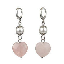 Platinum Natural Rose Quartz Heart with Shell Pearl Dangle Leverback Earrings, Platinum, 48x15mm