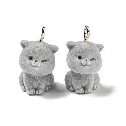 Cat Shape Флокированные акриловые подвески, с железной фурнитурой, светло-серый, платина, форма кошки, 23x14x15 мм, отверстие : 2.5 мм