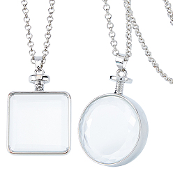 Platinum 2Pcs 2 Styles Alloy Square Flat Round Locket Pendant Necklaces, with Clear Glass Cabochons, Platinum, 31.50 inch(80cm)~31.89 inch(81cm), 1pc/style