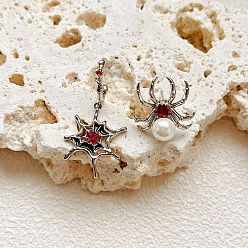 Платина Подвесные серьги-гвоздики из латуни с кубическим цирконием, паук и паутина, асимметричные серьги, с пластиковой жемчужины, платина, 35 мм